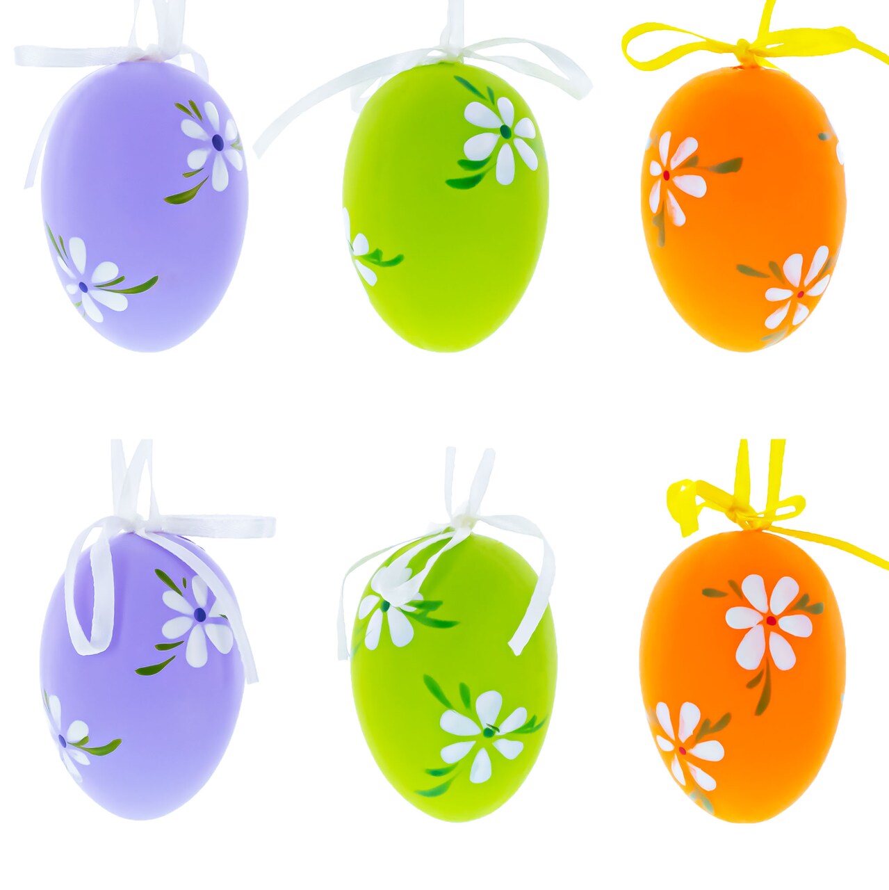 Set of 6 Green, Purple, Orange Flowers Plastic Easter Egg Ornaments 2.25 Inches